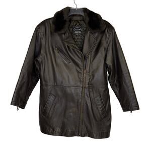 TANNERY WEST Brown Moto Leather Long Faux Fur Collar Zip Jacket‎ Women's Medium